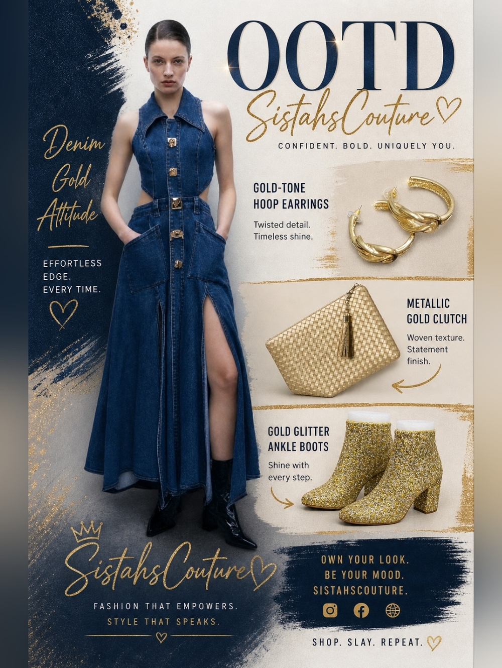 SistahsCouture Denim Maxi Dress with Gold Buttons - Dark Blue